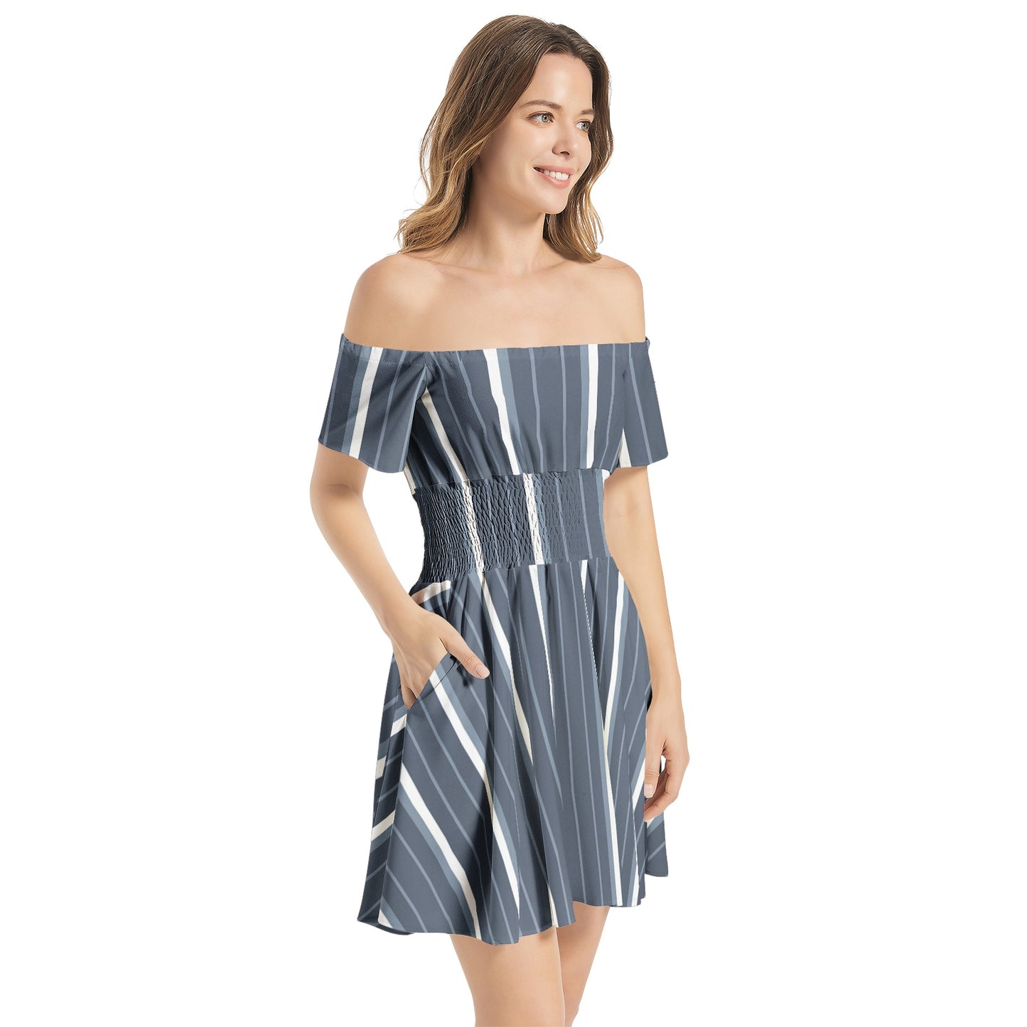 Off Shoulder Shirred Waist Flared Mini Dress