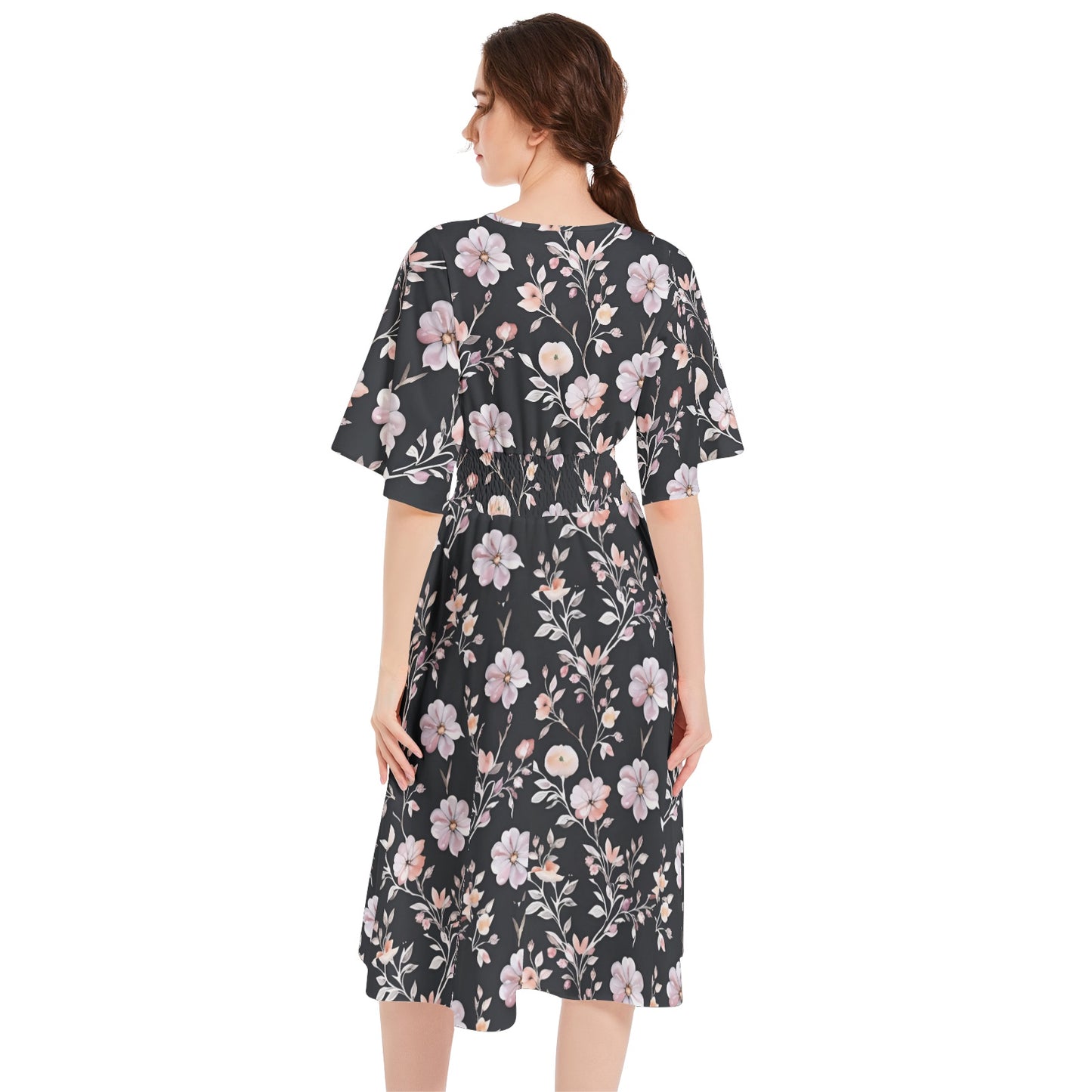 Butterfly Sleeve Shirred High Waist A Line Midi Dress