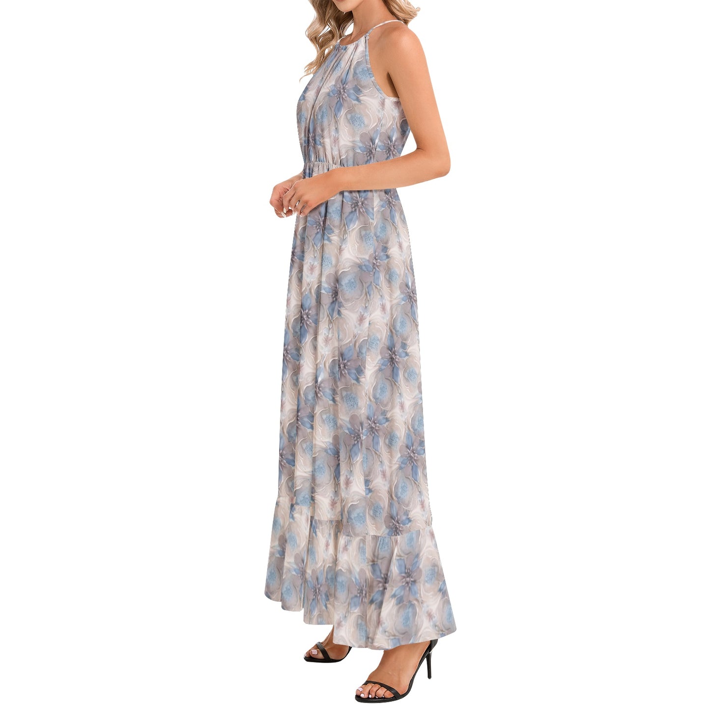 Ruffle Hem Halter Neck Maxi Dress