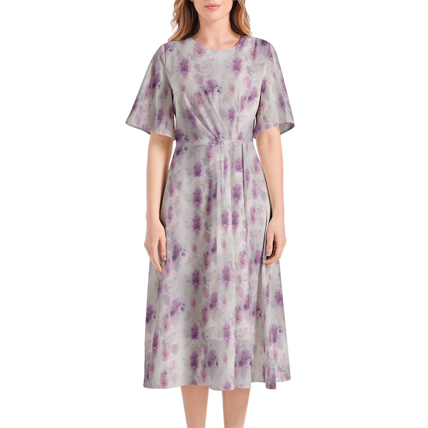 Short Sleeve Waist Folding Midi Dress