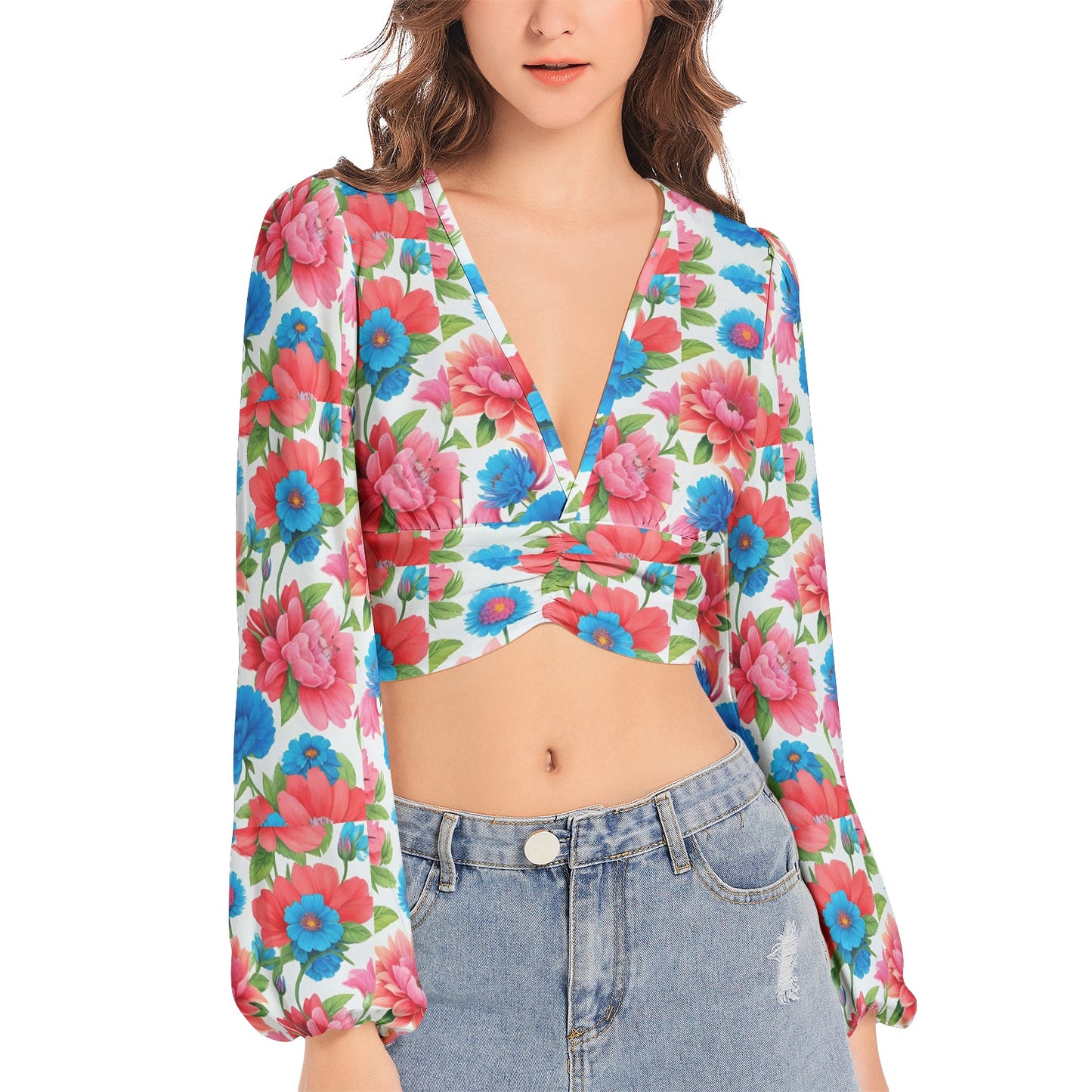 Women's Deep V-Neck Lantern Sleeve Crop Top