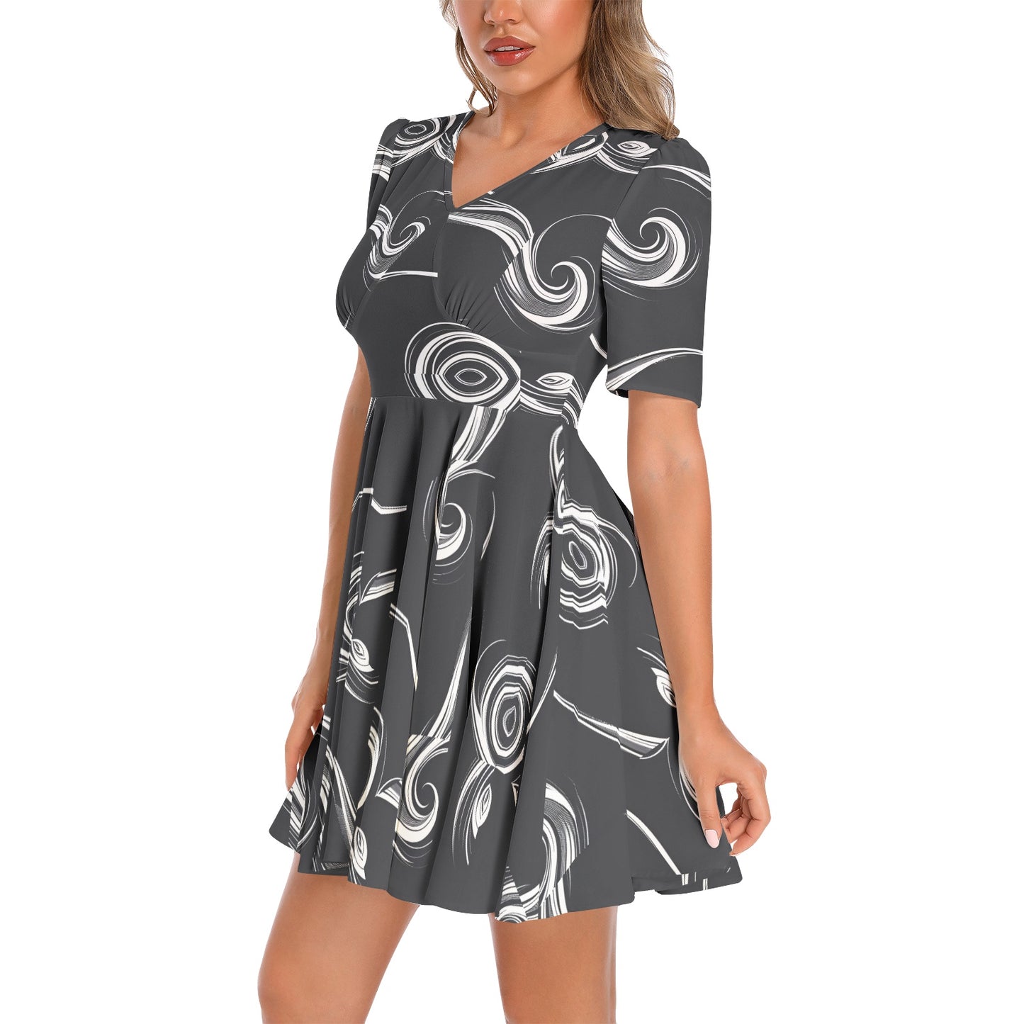 Short Sleeve Ruched Bust Flared Hem Dress