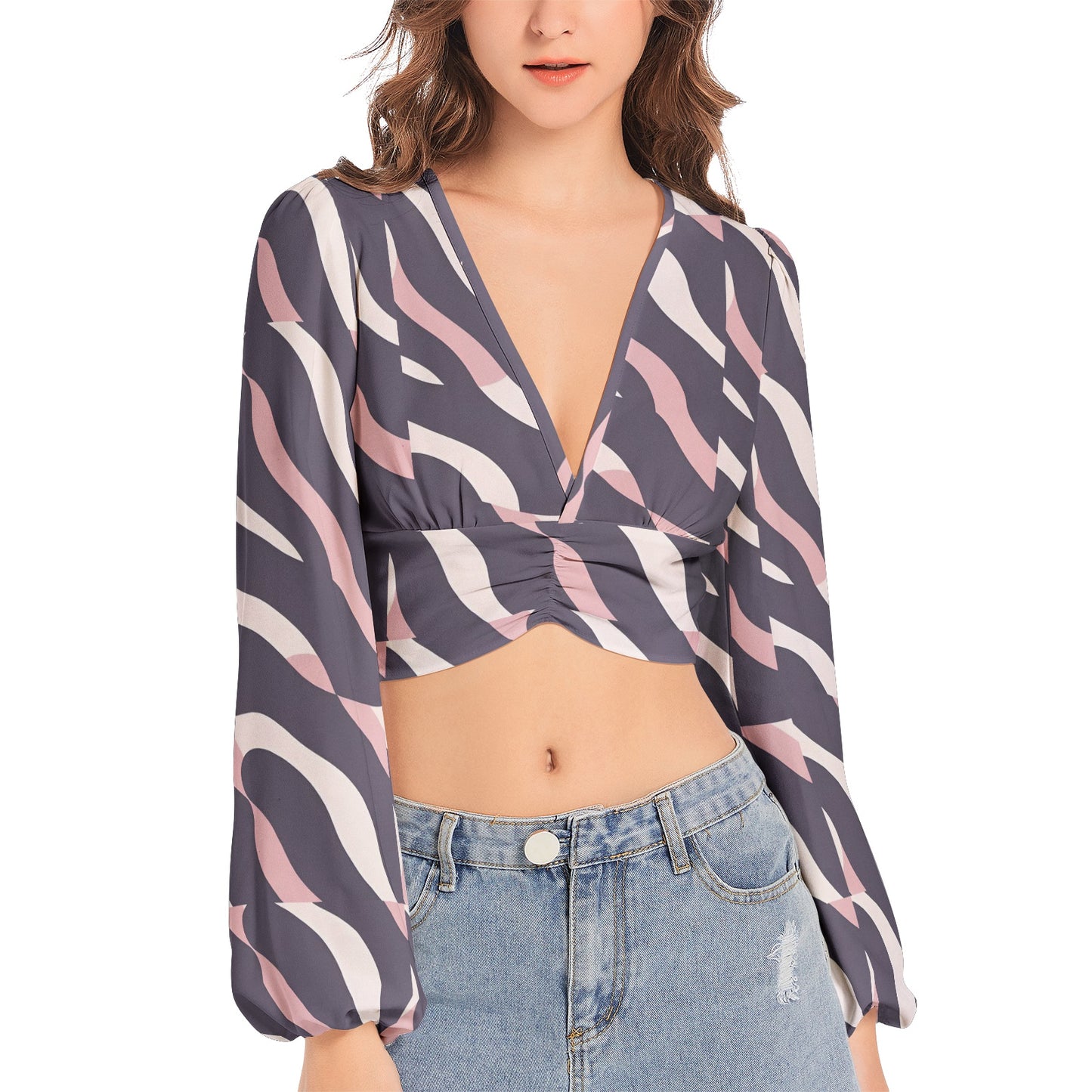 Women's Deep V-Neck Lantern Sleeve Crop Top