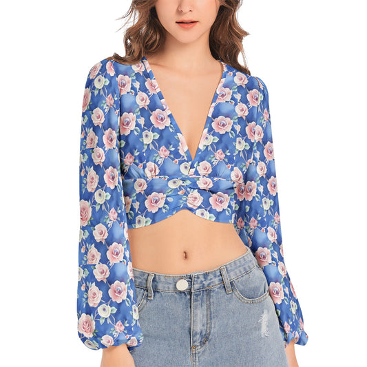 Women's Deep V-Neck Lantern Sleeve Crop Top