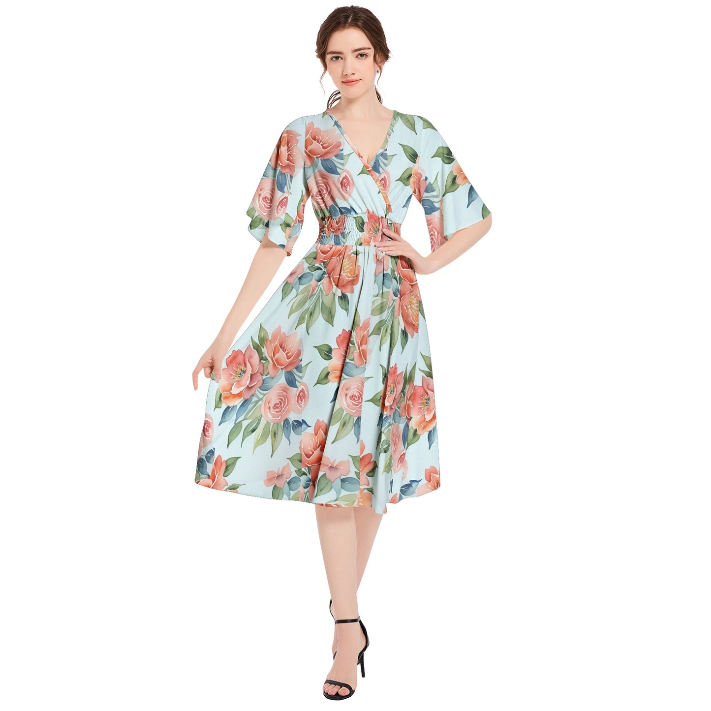 Butterfly Sleeve Shirred High Waist A Line Midi Dress