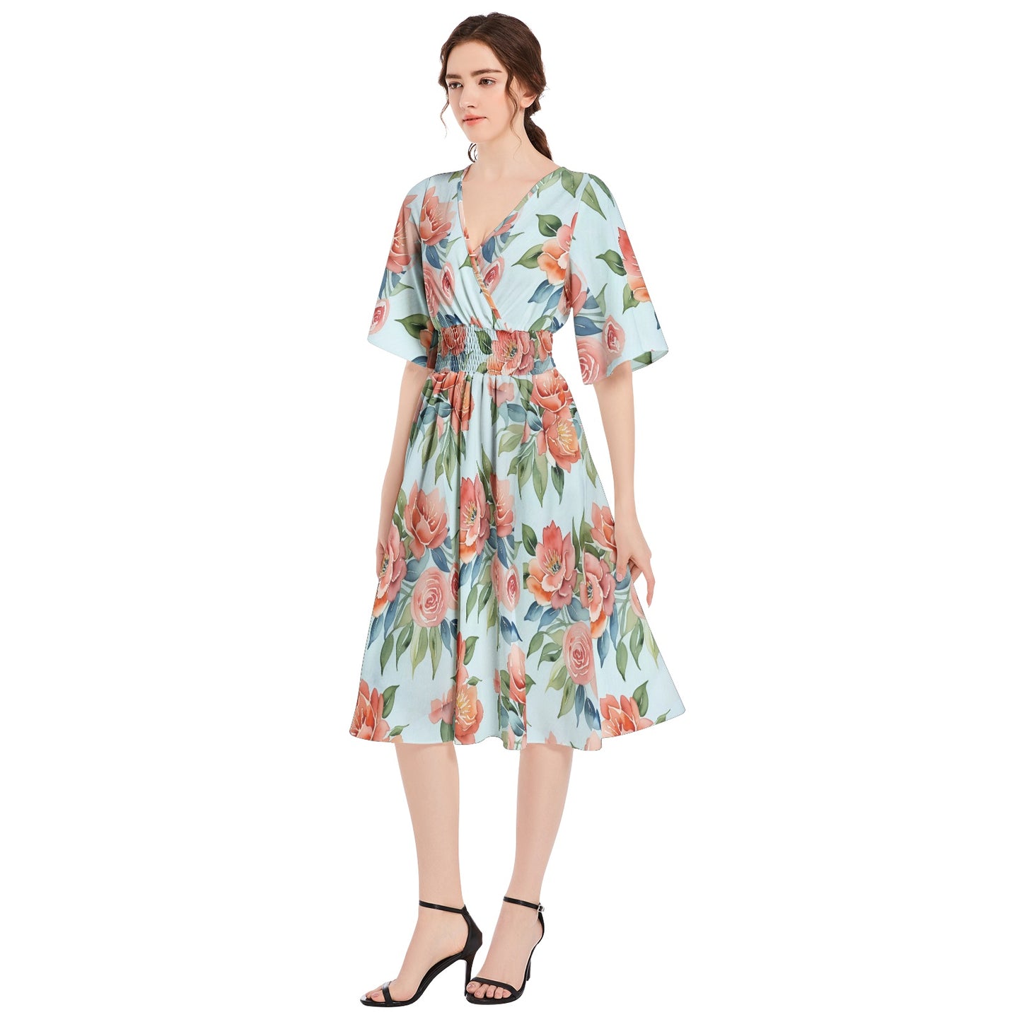 Butterfly Sleeve Shirred High Waist A Line Midi Dress