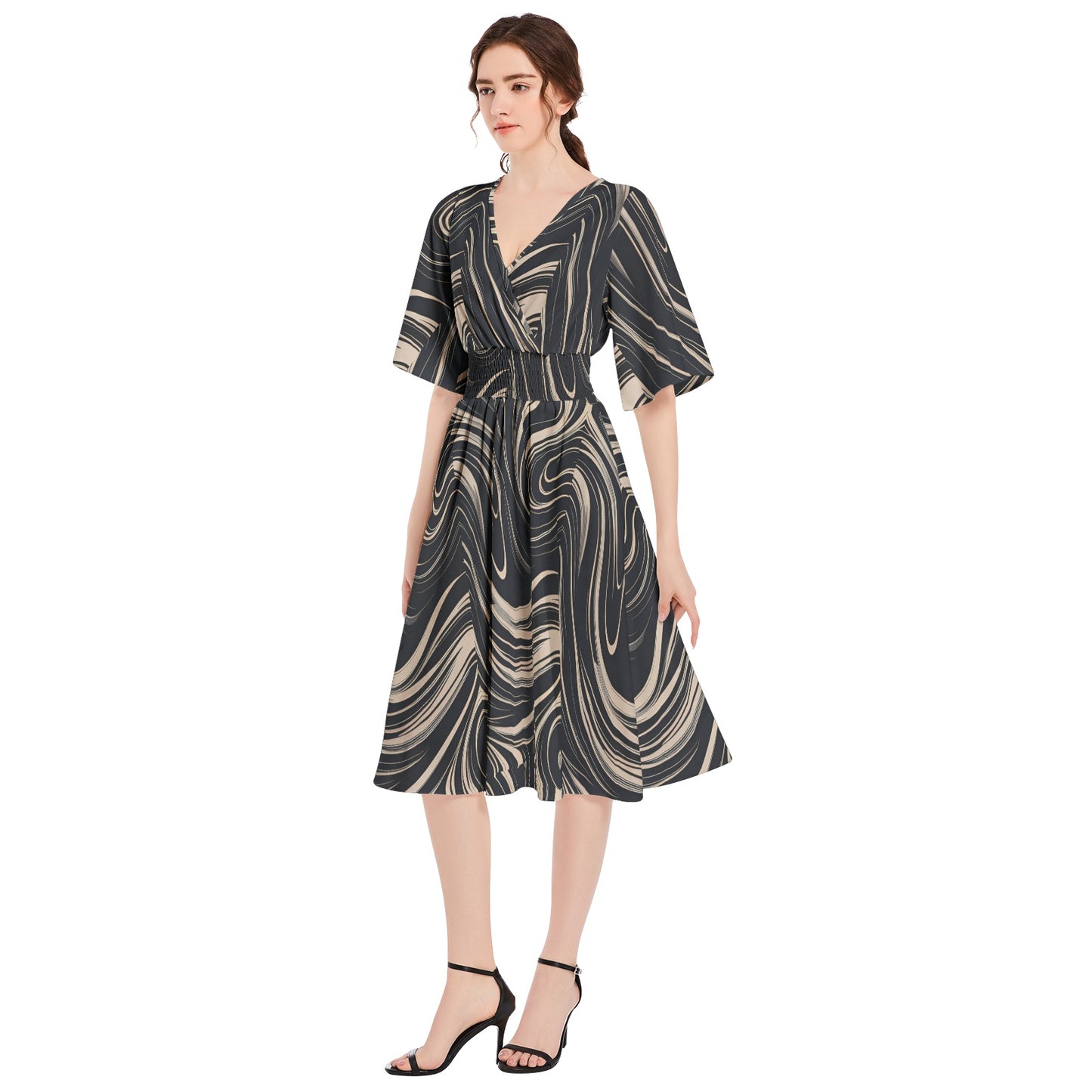 Butterfly Sleeve Shirred High Waist A Line Midi Dress