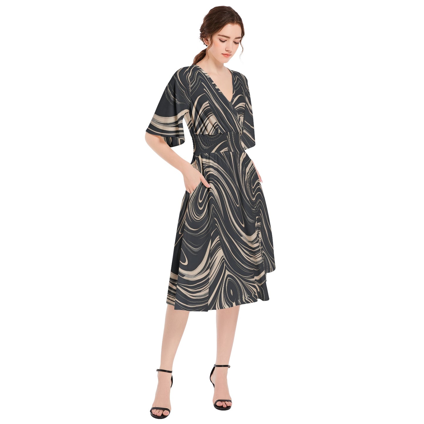 Butterfly Sleeve Shirred High Waist A Line Midi Dress