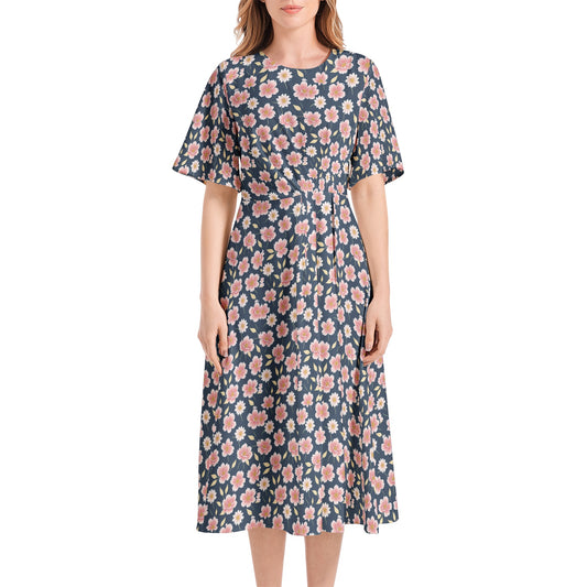 Short Sleeve Waist Folding Midi Dress