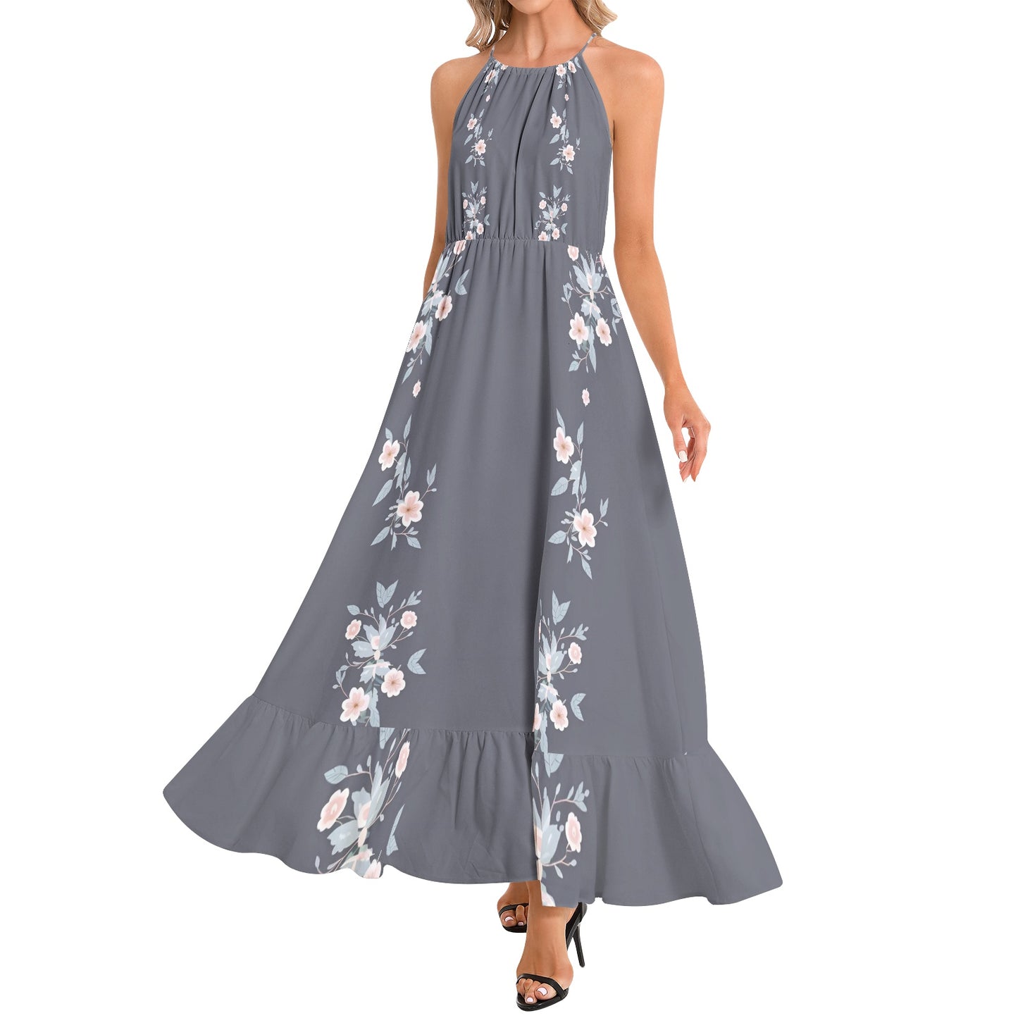 Ruffle Hem Halter Neck Maxi Dress