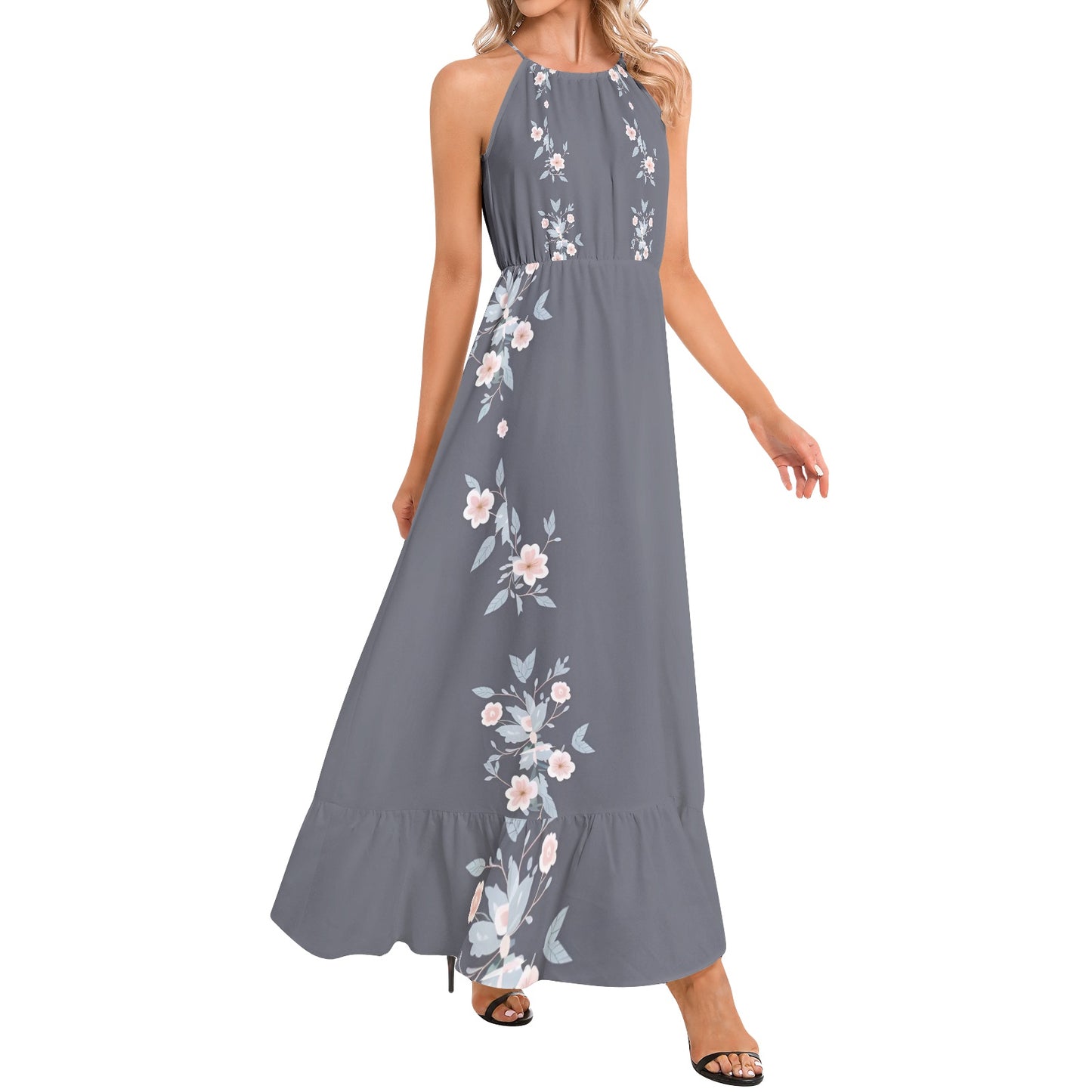 Ruffle Hem Halter Neck Maxi Dress