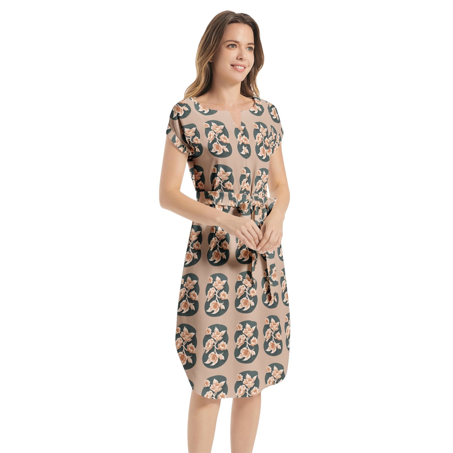 Notched Neck Belted Dress