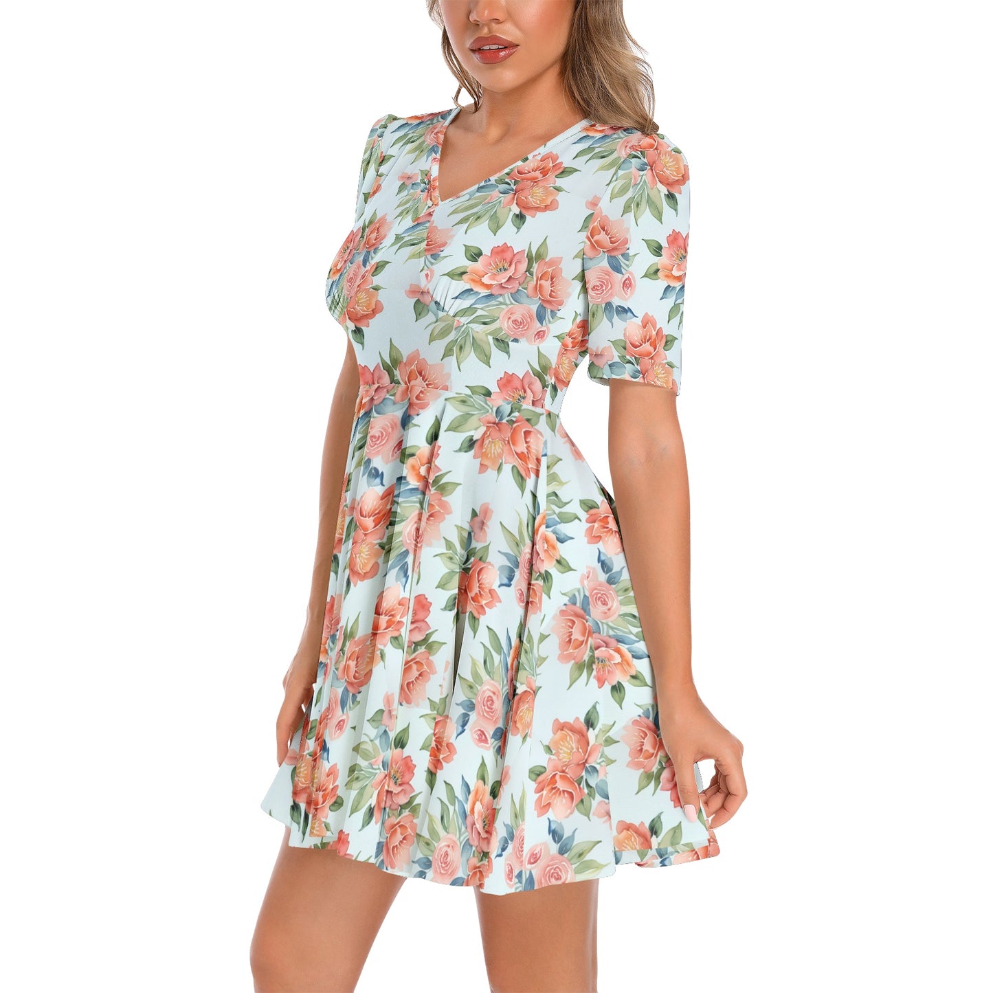 Short Sleeve Ruched Bust Flared Hem Dress