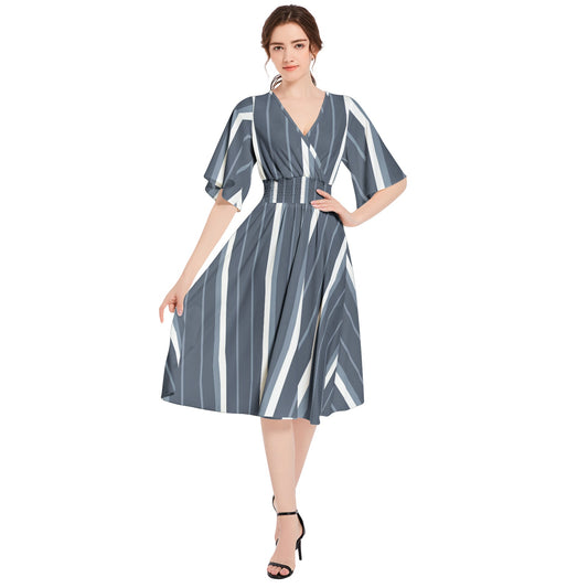 Butterfly Sleeve Shirred High Waist A Line Midi Dress