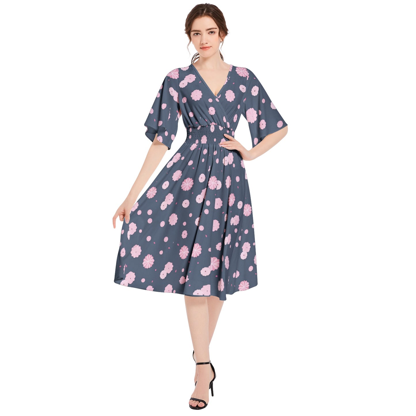 Butterfly Sleeve Shirred High Waist A Line Midi Dress