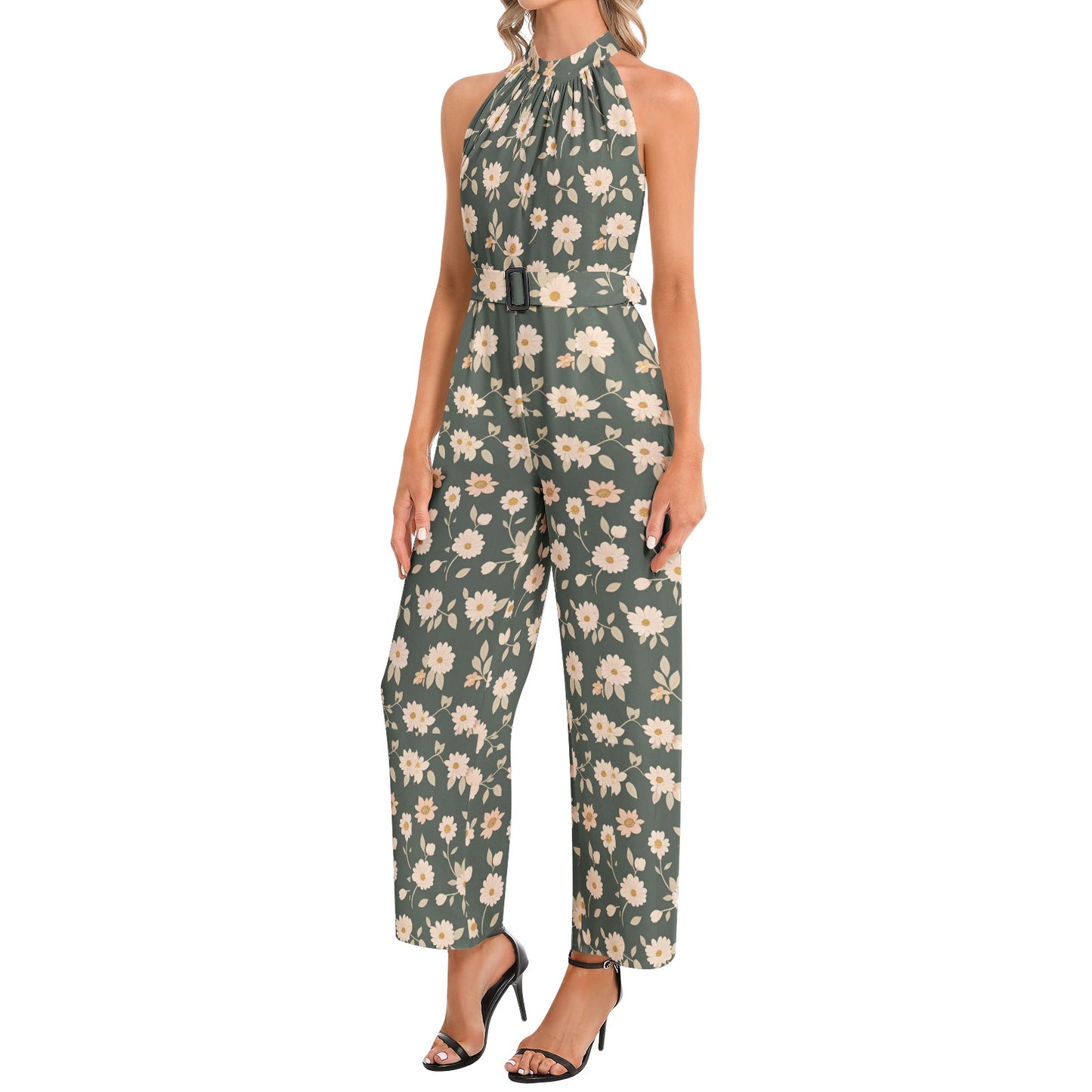 Halter Neck Buckle Belted Jumpsuit