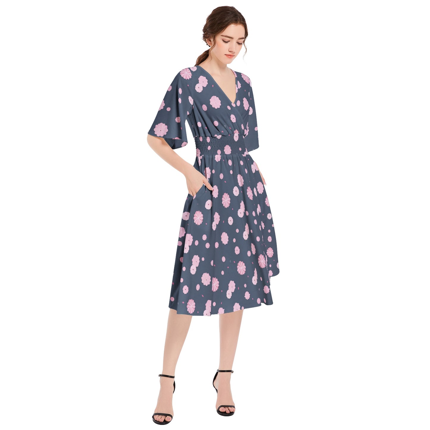 Butterfly Sleeve Shirred High Waist A Line Midi Dress