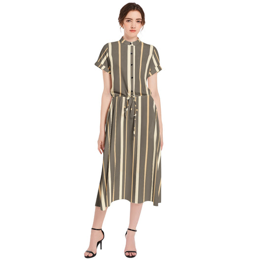 Drawstring Waist A-line Flared Midi Dress