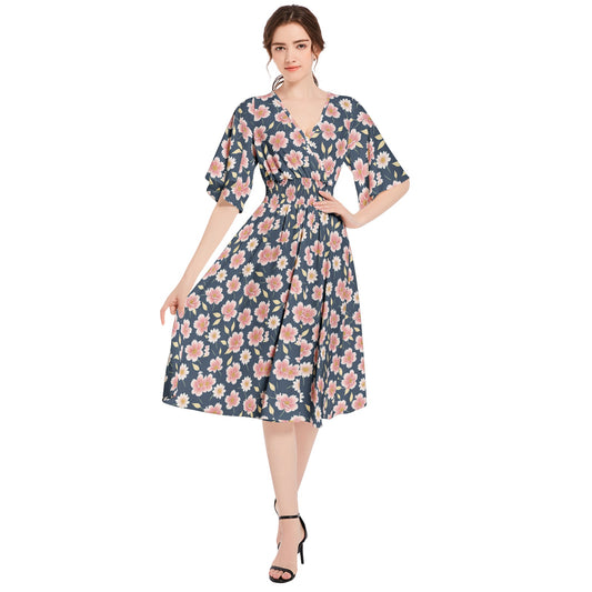 Butterfly Sleeve Shirred High Waist A Line Midi Dress