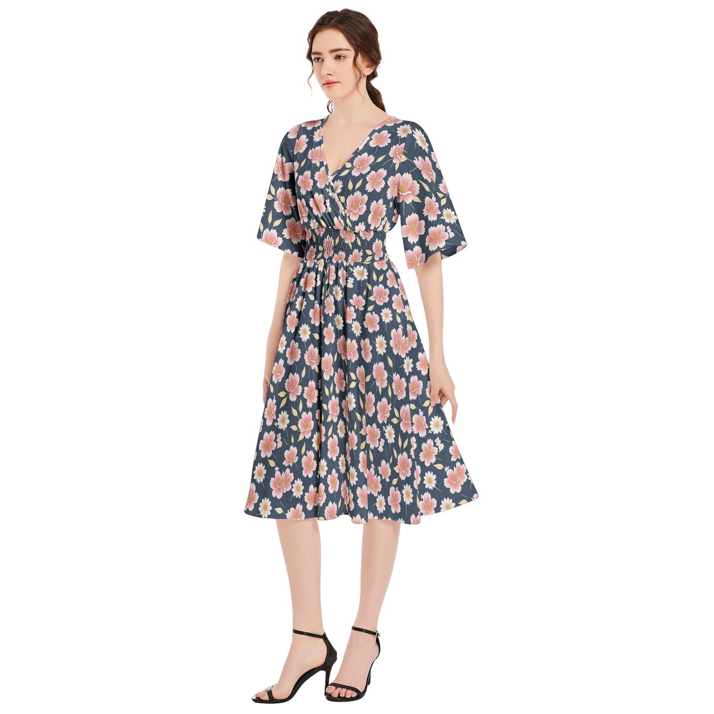 Butterfly Sleeve Shirred High Waist A Line Midi Dress
