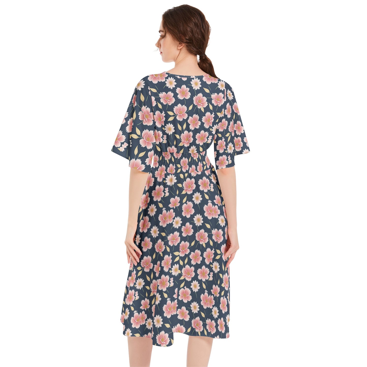 Butterfly Sleeve Shirred High Waist A Line Midi Dress