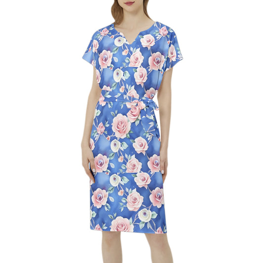 Betwing Seleeve Notch Neck Casual Dress with Belt