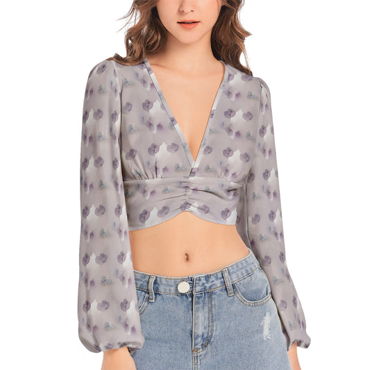 Women's Deep V-Neck Lantern Sleeve Crop Top