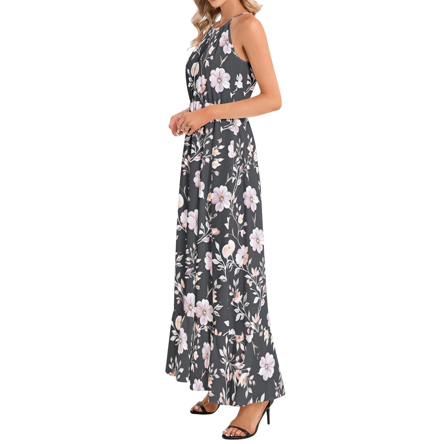 Ruffle Hem Halter Neck Maxi Dress