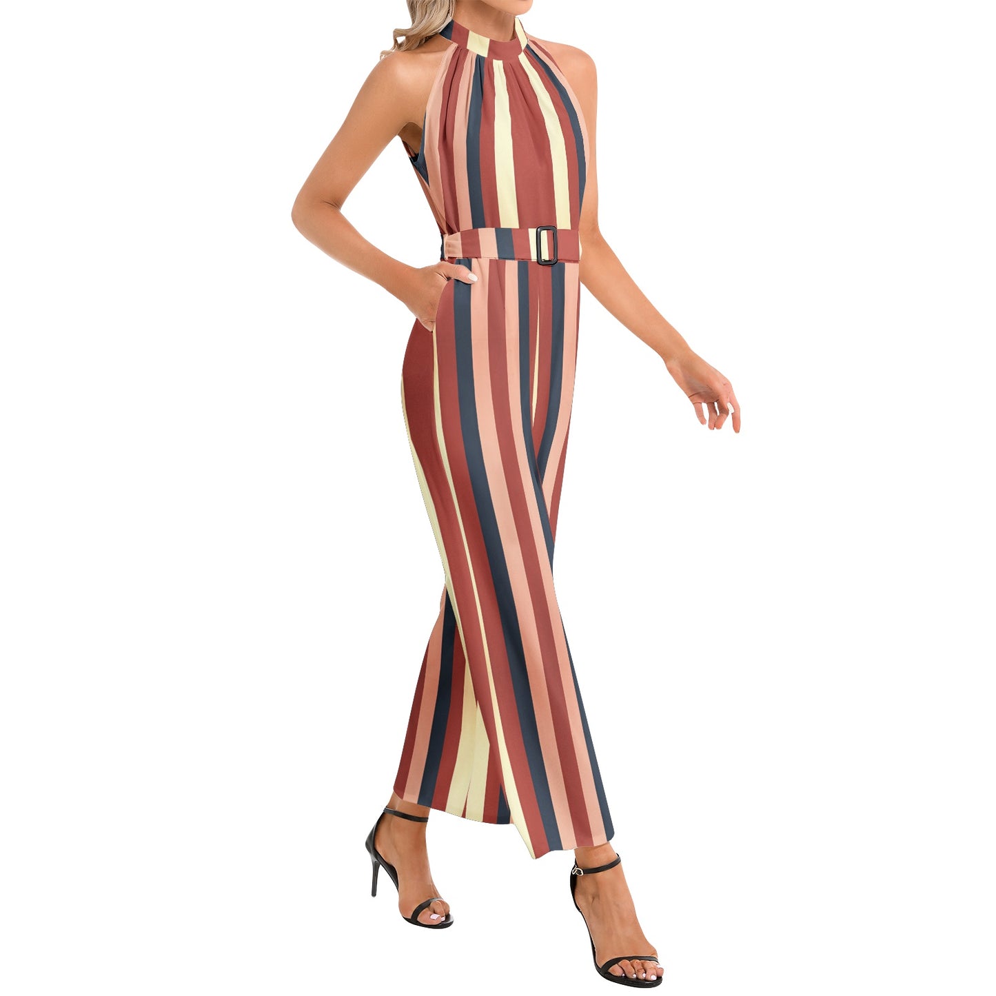 Halter Neck Buckle Belted Jumpsuit