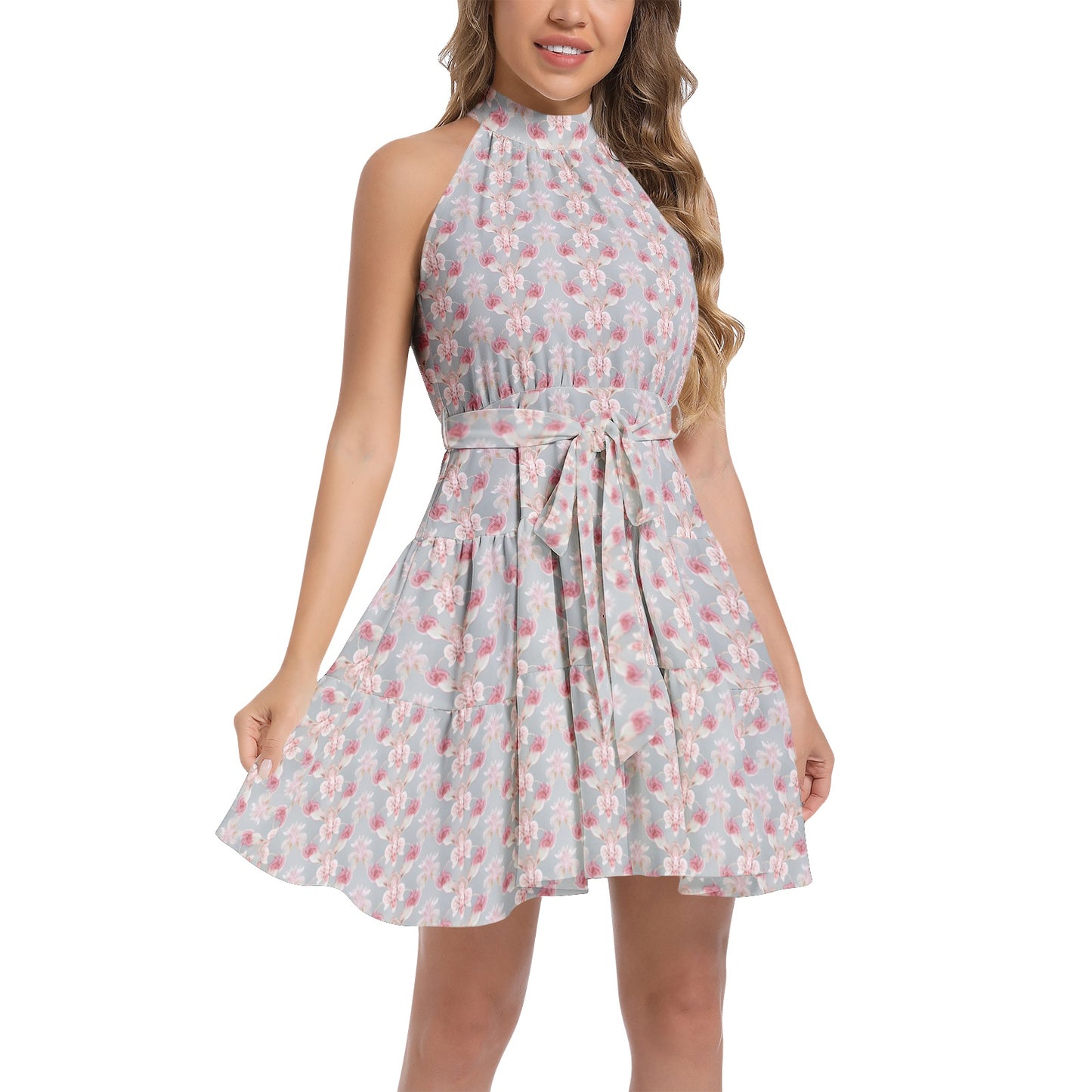 Ruffle Hem Belted Halter Dress