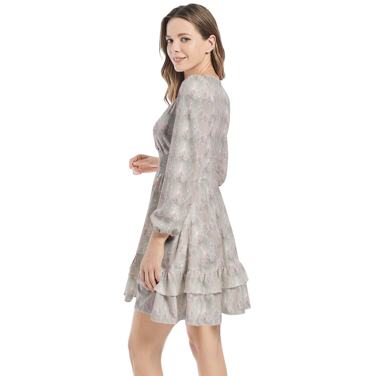 Long Sleeve Tiered Ruffle Hem Elastic Waist Mini Dress