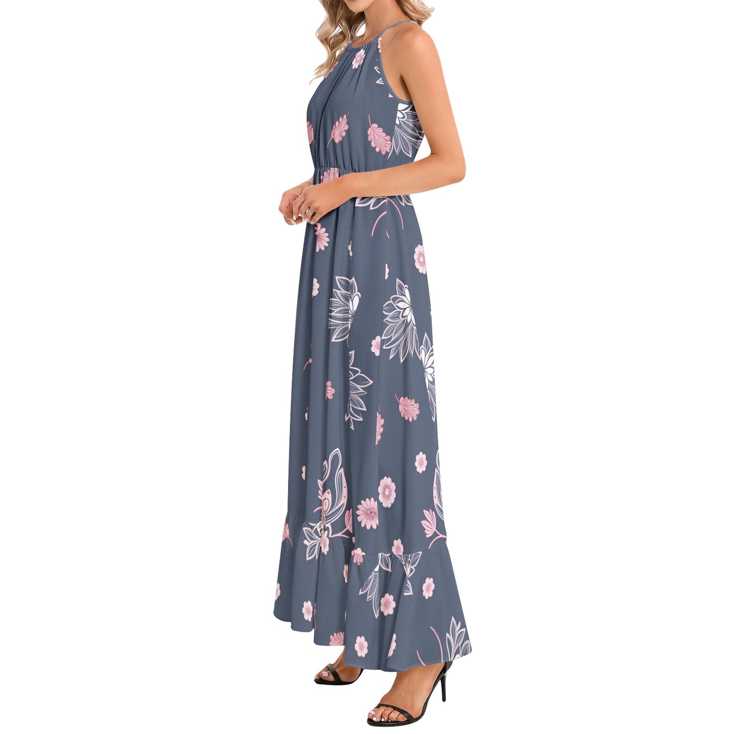 Ruffle Hem Halter Neck Maxi Dress