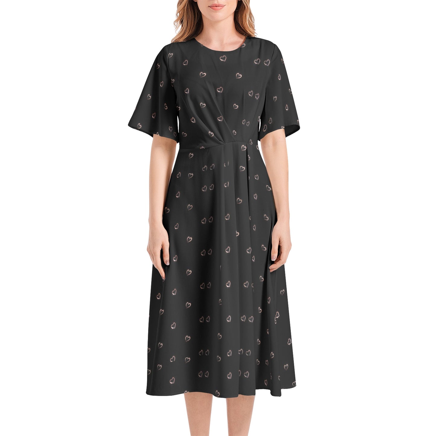 Short Sleeve Waist Folding Midi Dress