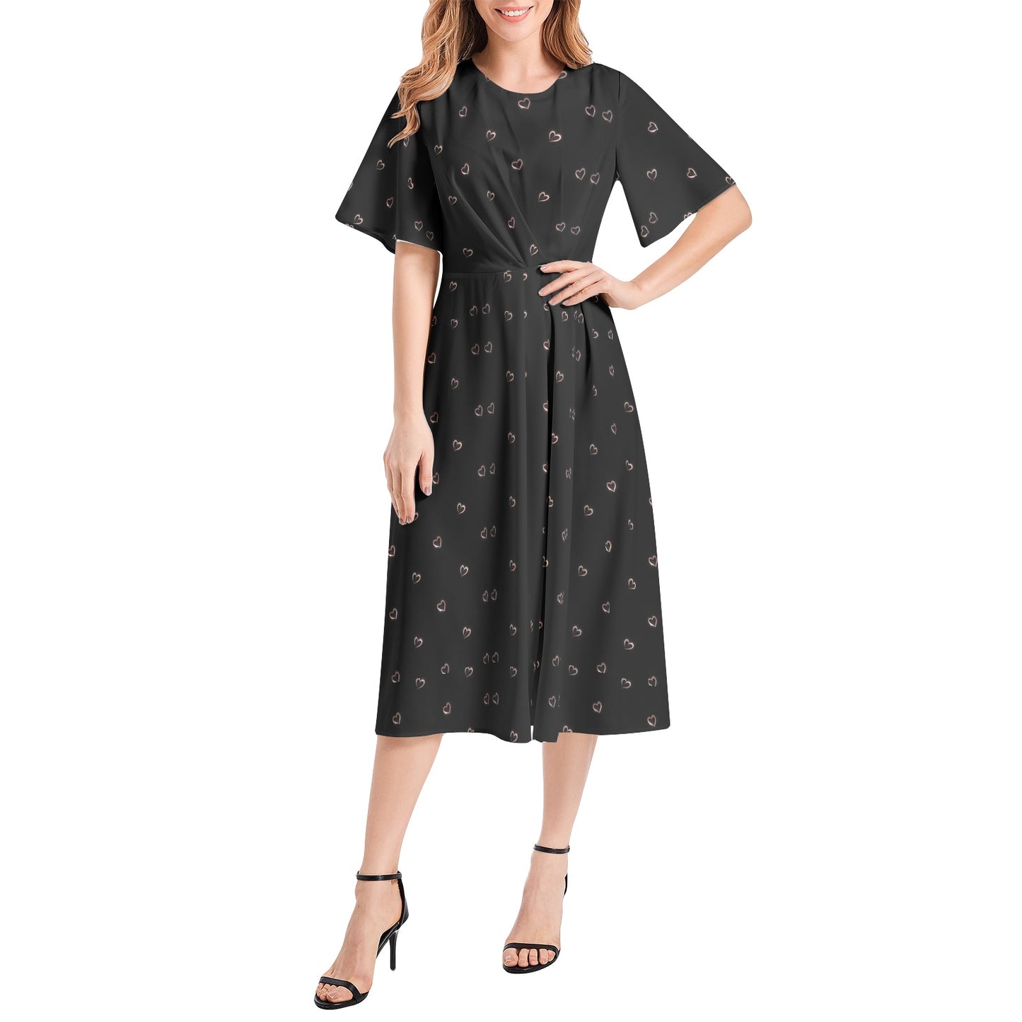 Short Sleeve Waist Folding Midi Dress