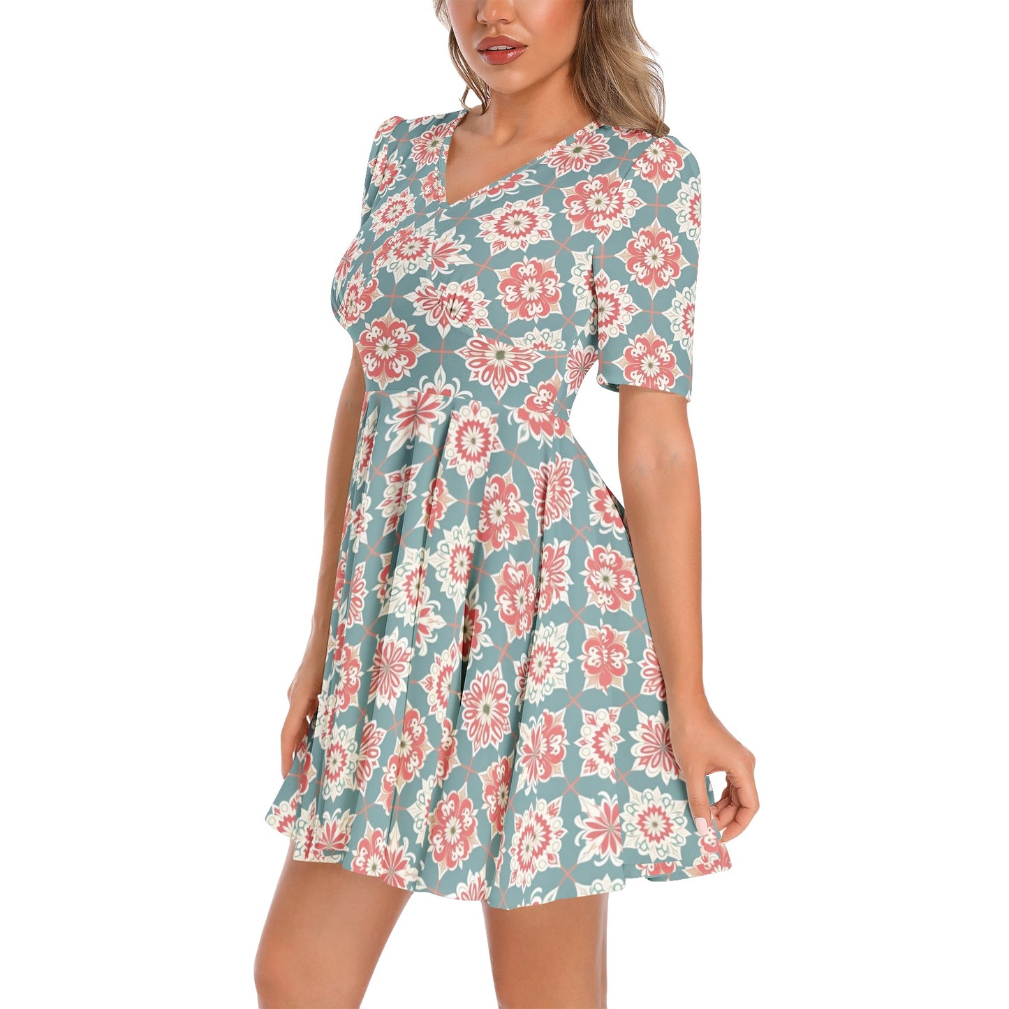 Short Sleeve Ruched Bust Flared Hem Dress