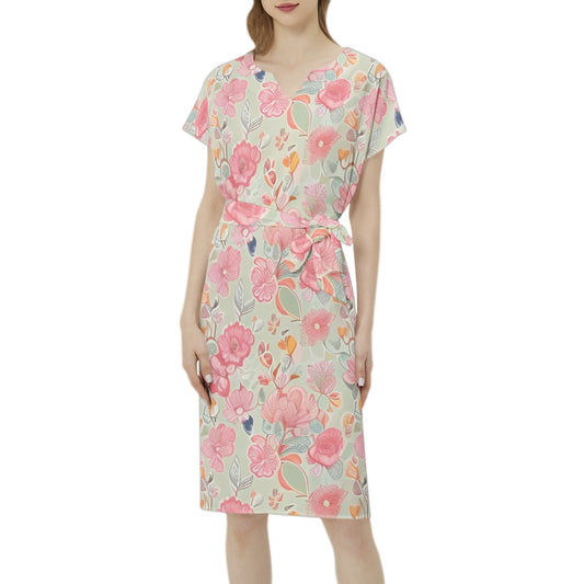 Betwing Seleeve Notch Neck Casual Dress with Belt