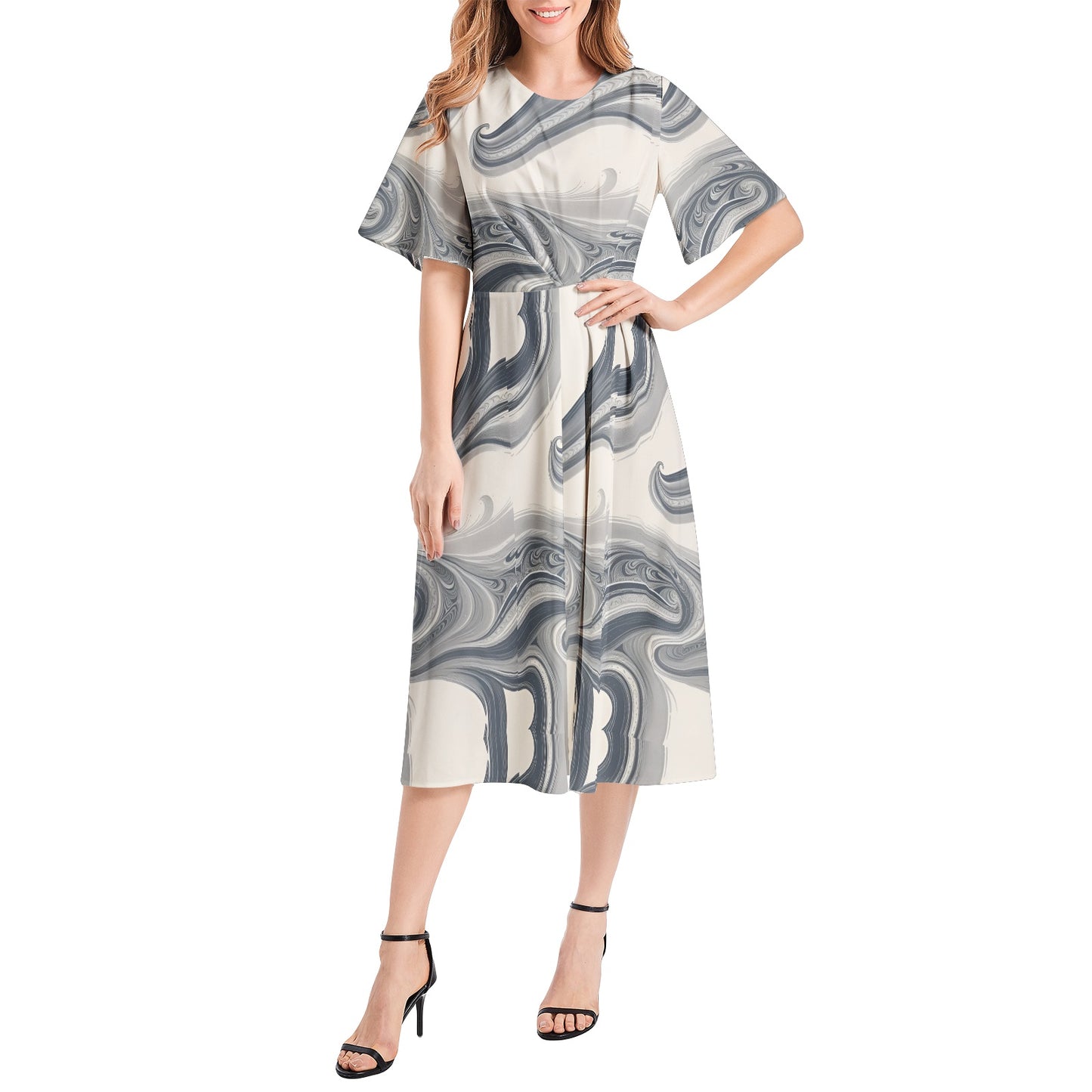 Short Sleeve Waist Folding Midi Dress