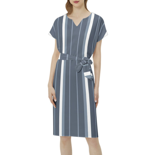 Betwing Seleeve Notch Neck Casual Dress with Belt