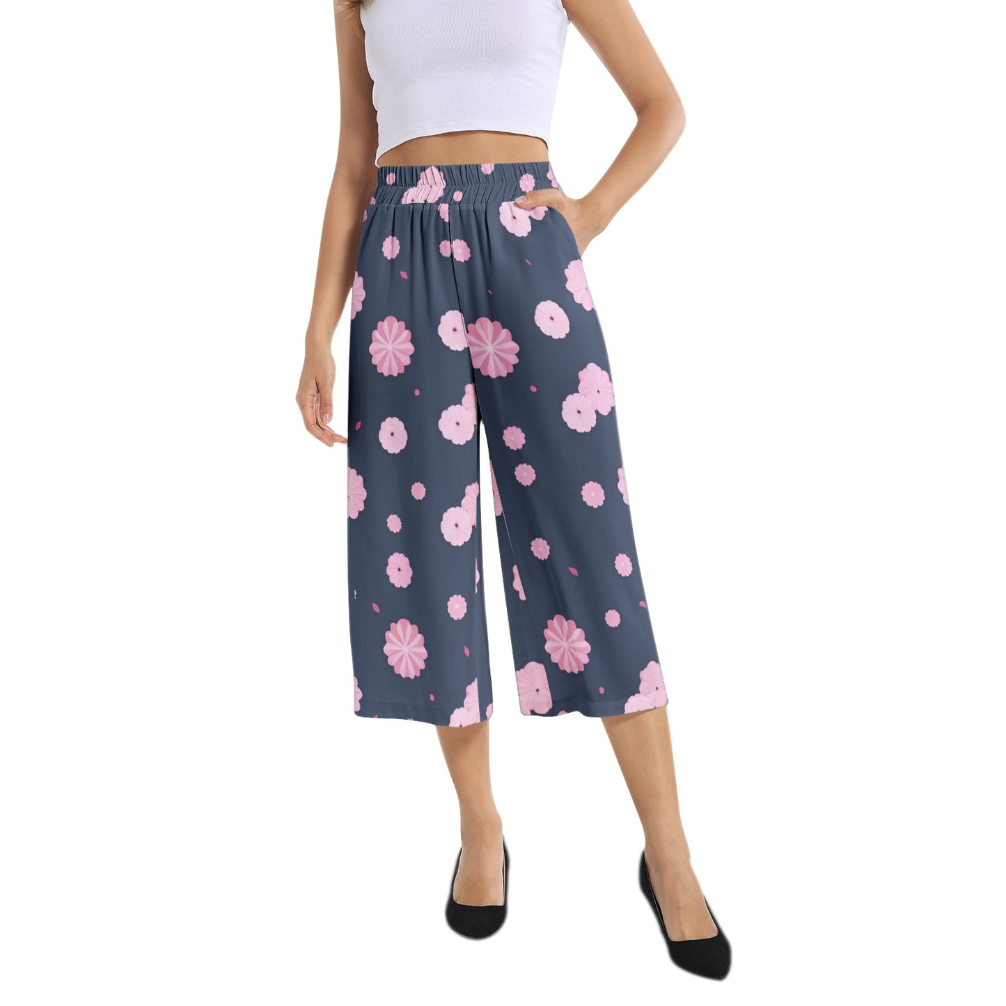 Elastic Waist Capris Wide Leg Pant