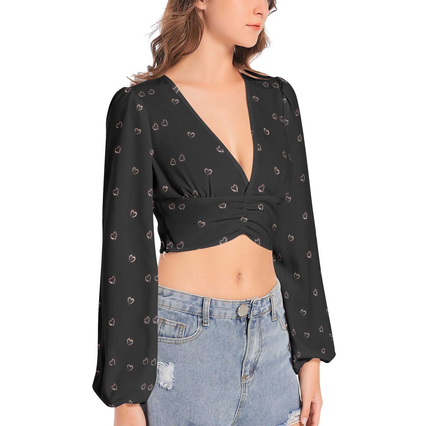 Women's Deep V-Neck Lantern Sleeve Crop Top