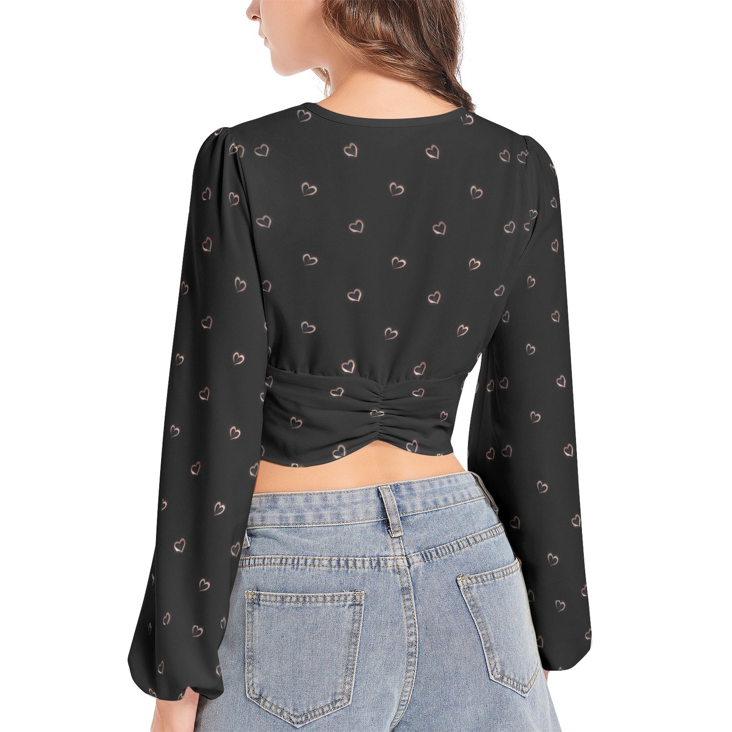 Women's Deep V-Neck Lantern Sleeve Crop Top