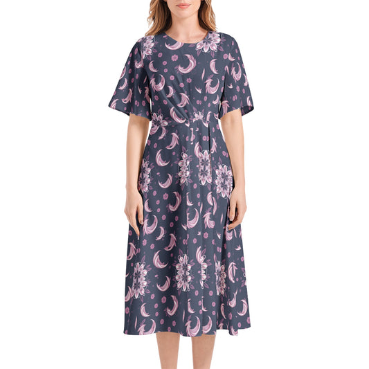 Short Sleeve Waist Folding Midi Dress