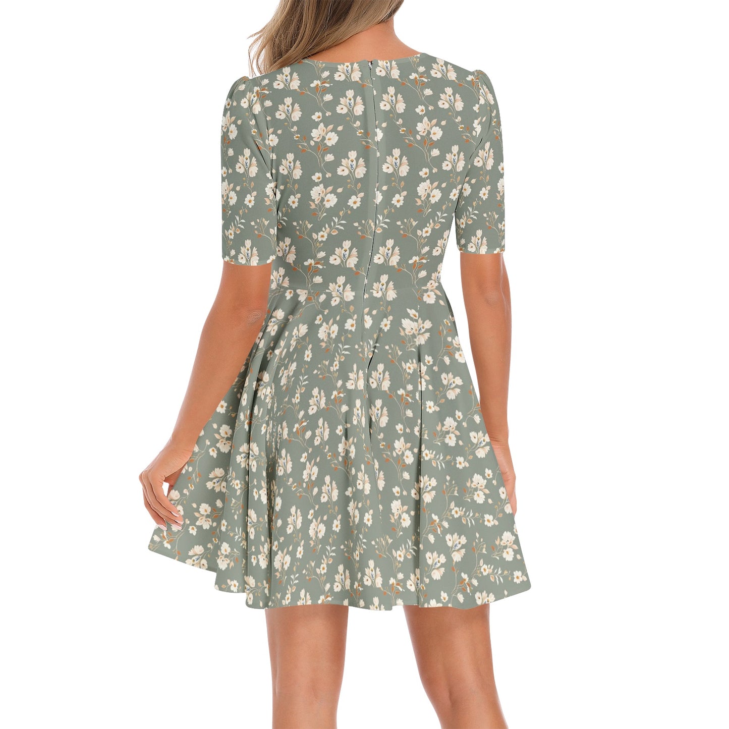 Short Sleeve Ruched Bust Flared Hem Dress