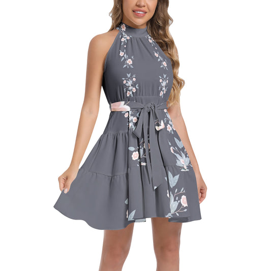 Ruffle Hem Belted Halter Dress