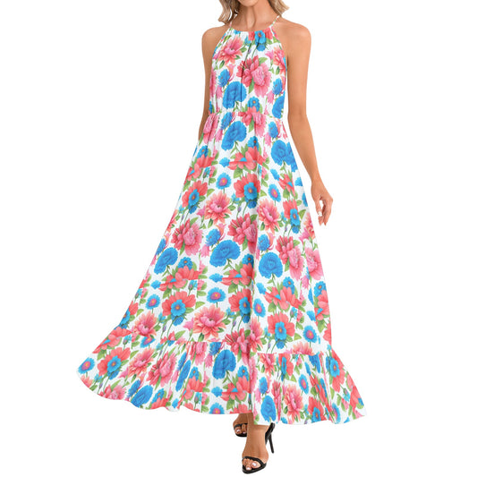 Ruffle Hem Halter Neck Maxi Dress