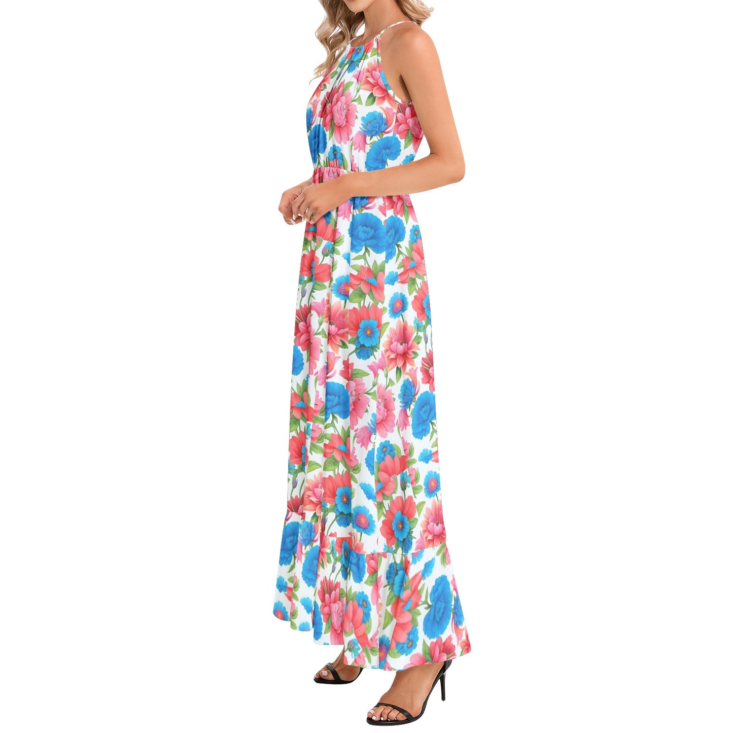 Ruffle Hem Halter Neck Maxi Dress