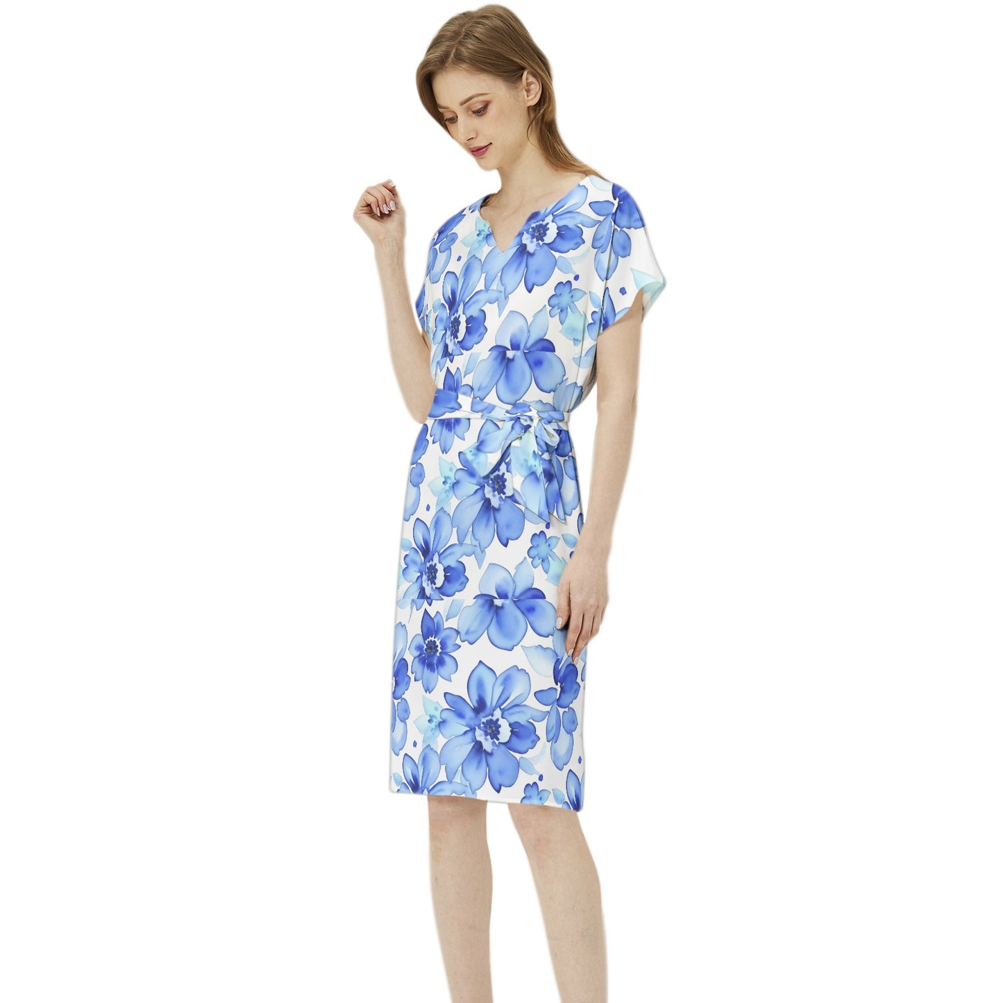 Betwing Seleeve Notch Neck Casual Dress with Belt