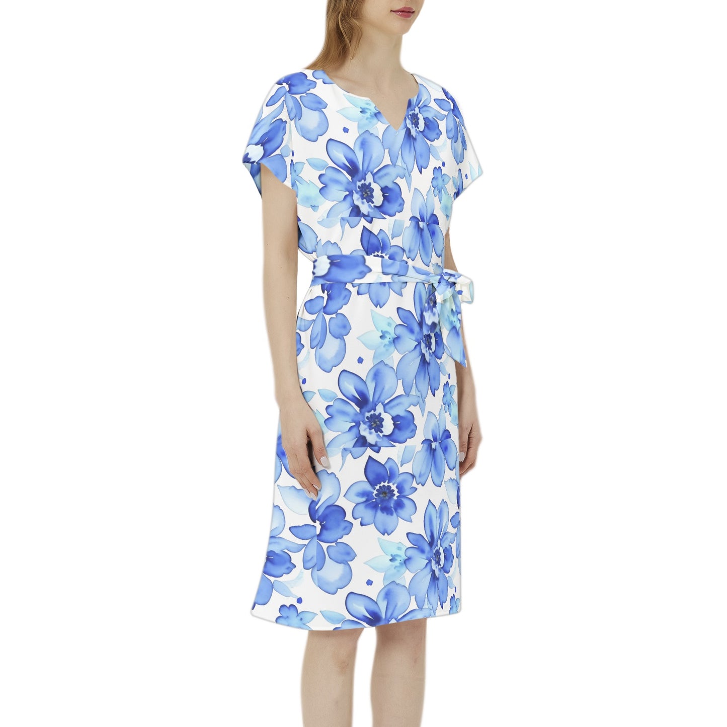 Betwing Seleeve Notch Neck Casual Dress with Belt