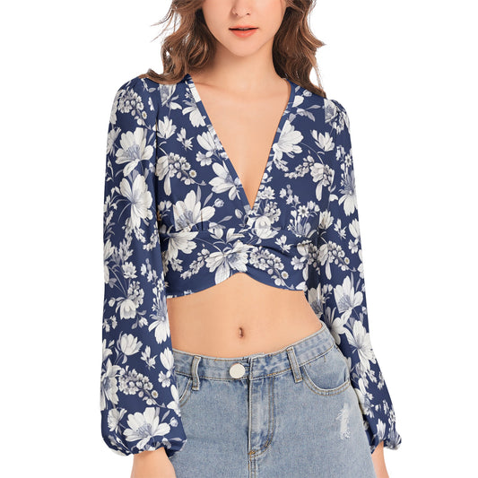 Women's Deep V-Neck Lantern Sleeve Crop Top