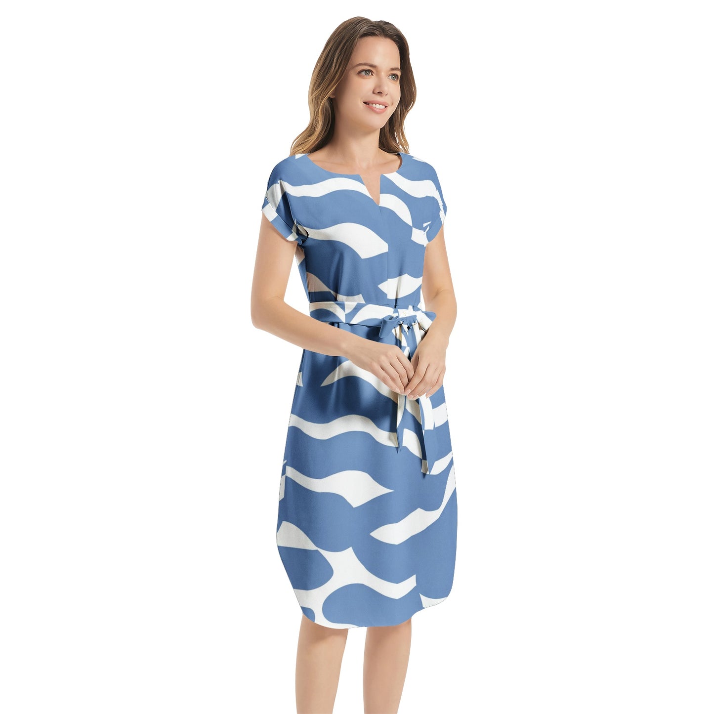 Notched Neck Belted Dress